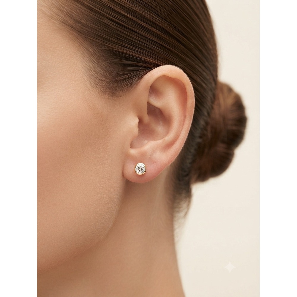 Gold Tone Bezel Set Round Clear Crystal Stud Earrings Classic Minimalist